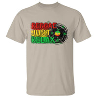 Sand crew-neck T-shirt with “Reggae Just Relax” front graphic and leaf wreath