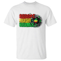 White crew-neck T-shirt with “Reggae Just Relax” front graphic and leaf wreath