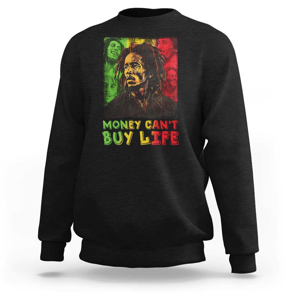Black crewneck sweatshirt with reggae portrait graphic, 'MONEY CAN'T BUY LIFE'