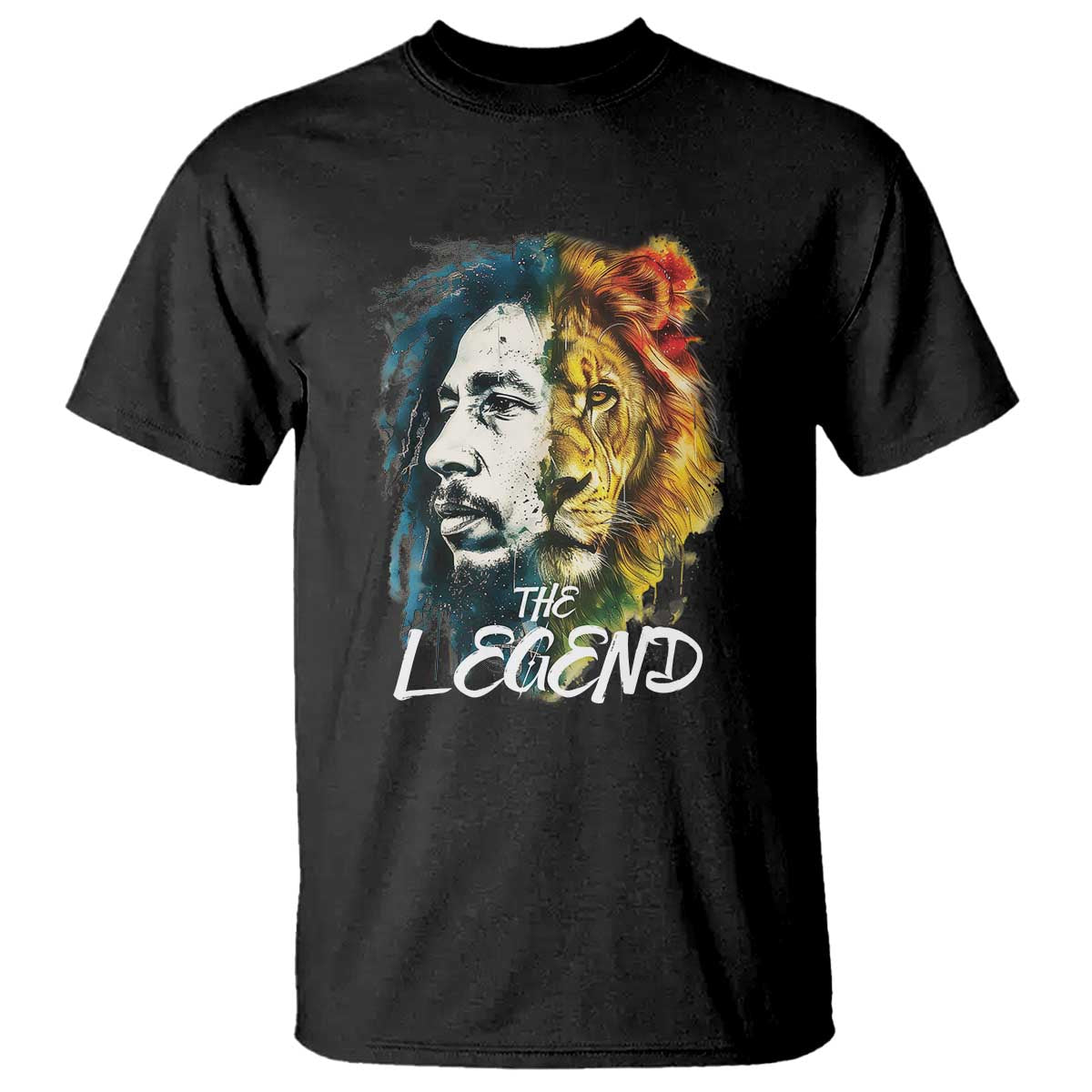 Black T-shirt with lion and man portrait graphic and "The Legend" print