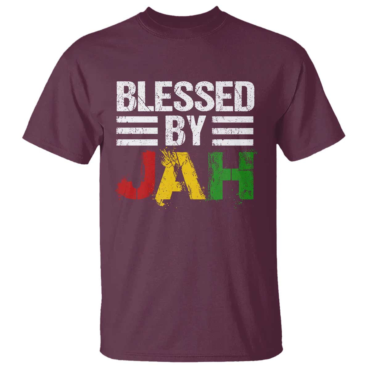 Men's burgundy T-shirt with bold "BLESSED BY JAH" graphic on front