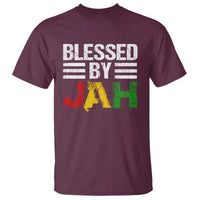 Men's burgundy T-shirt with bold "BLESSED BY JAH" graphic on front
