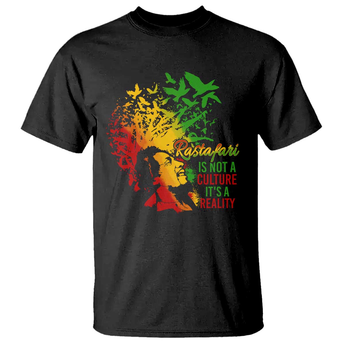 Black graphic Rasta-themed T-shirt with colorful emblem and slogan on chest