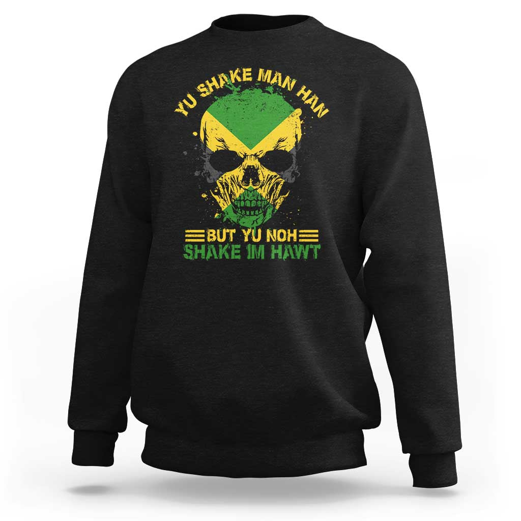 Black crewneck sweatshirt with green-yellow skull graphic and proverb text