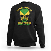 Black crewneck sweatshirt with green-yellow skull graphic and proverb text