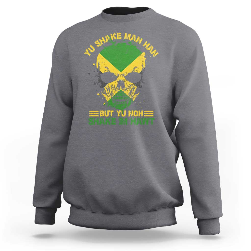 Charcoal crewneck sweatshirt with green-yellow skull graphic and proverb text