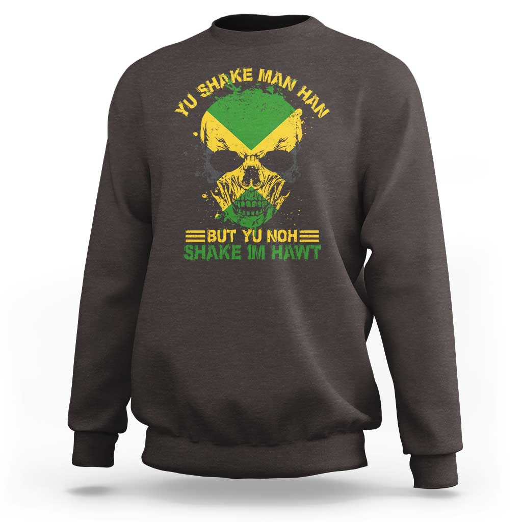 Dark chocolate crewneck sweatshirt with green-yellow skull graphic and proverb text