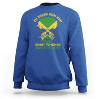 Royal blue crewneck sweatshirt with green-yellow skull graphic and proverb text