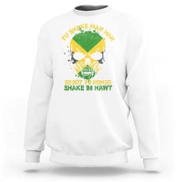White crewneck sweatshirt with green-yellow skull graphic and proverb text