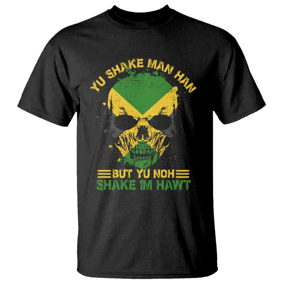Black T-shirt with green-yellow skull graphic and bold Jamaican-style lettering