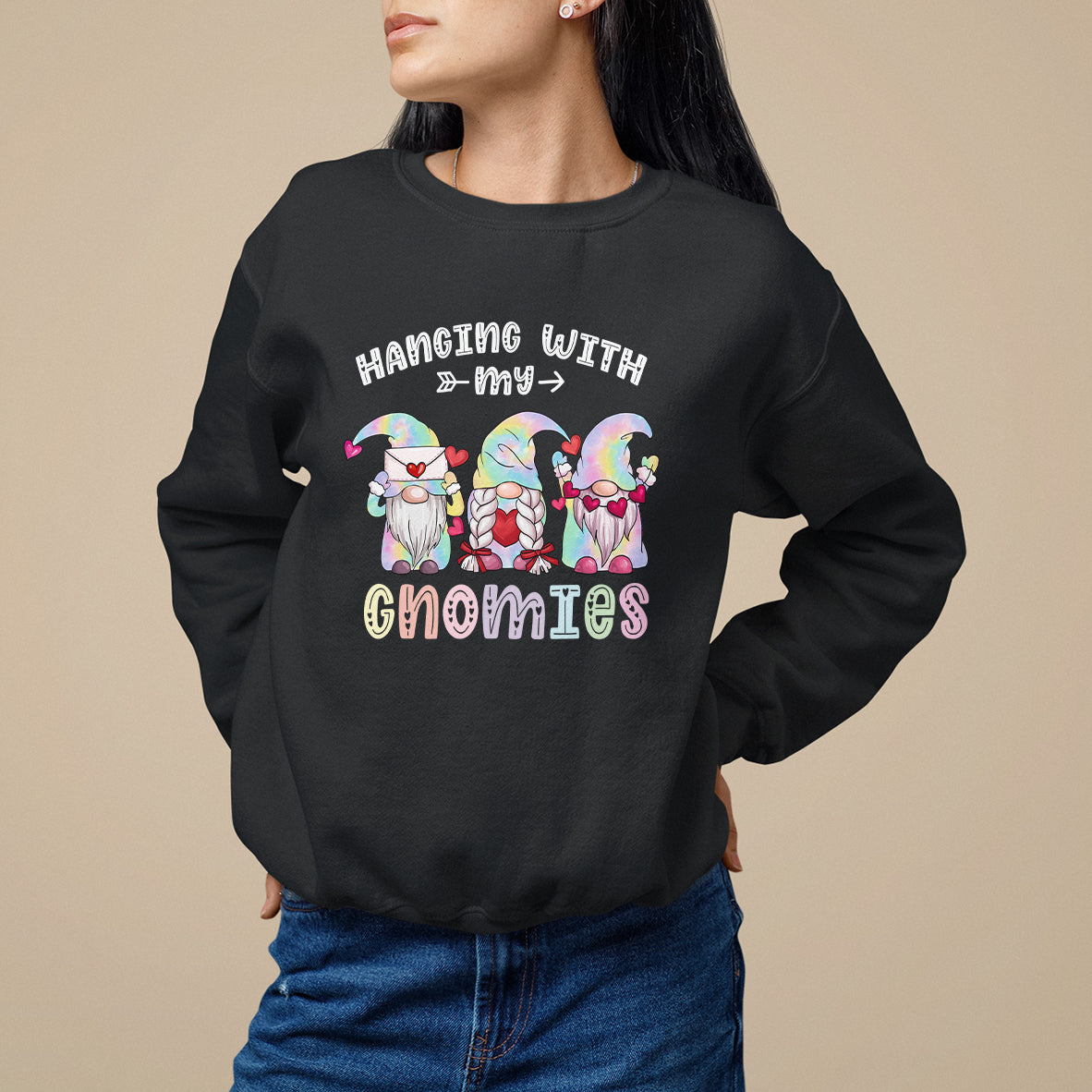 Black crewneck sweatshirt with colorful gnomes graphic and Hanging With Gnomies text