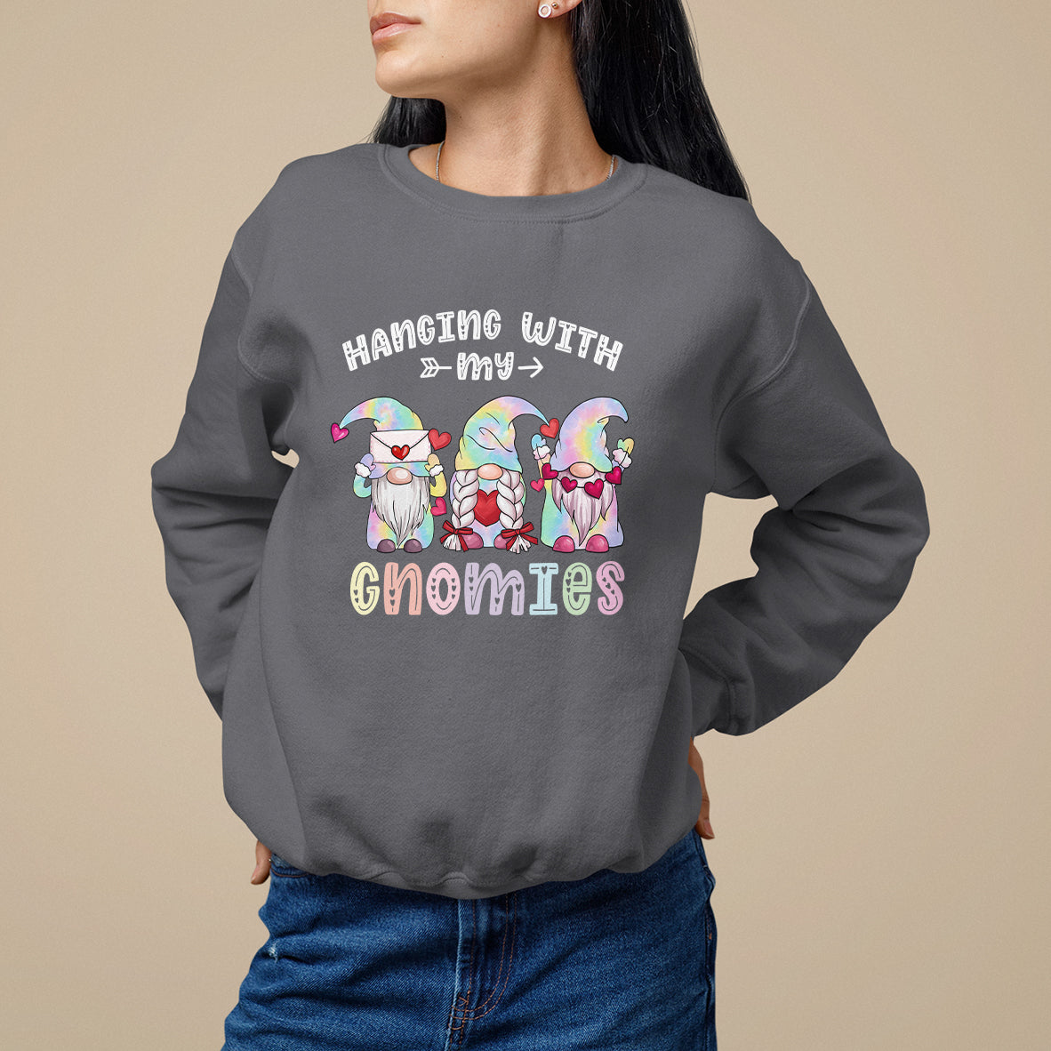 Charcoal crewneck sweatshirt with colorful gnomes graphic and Hanging With Gnomies text