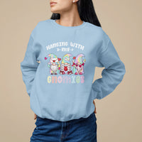 Light blue crewneck sweatshirt with colorful gnomes graphic and Hanging With Gnomies text