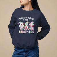 Navy crewneck sweatshirt with colorful gnomes graphic and Hanging With Gnomies text
