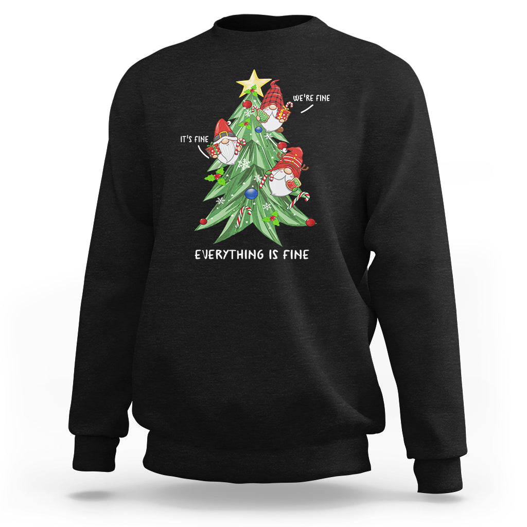 Black crewneck sweatshirt with Christmas tree and gnome graphic, “Everything is Fine” text