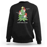 Black crewneck sweatshirt with Christmas tree and gnome graphic, “Everything is Fine” text