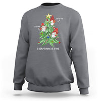 Charcoal gray crewneck sweatshirt with Christmas tree and gnome graphic, “Everything is Fine” text