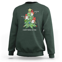 Dark forest green crewneck sweatshirt with Christmas tree and gnome graphic, “Everything is Fine” text