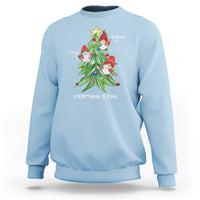 Light blue crewneck sweatshirt with Christmas tree and gnome graphic, “Everything is Fine” text