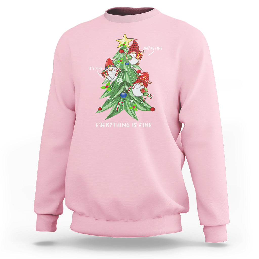 Light pink crewneck sweatshirt with Christmas tree and gnome graphic, “Everything is Fine” text