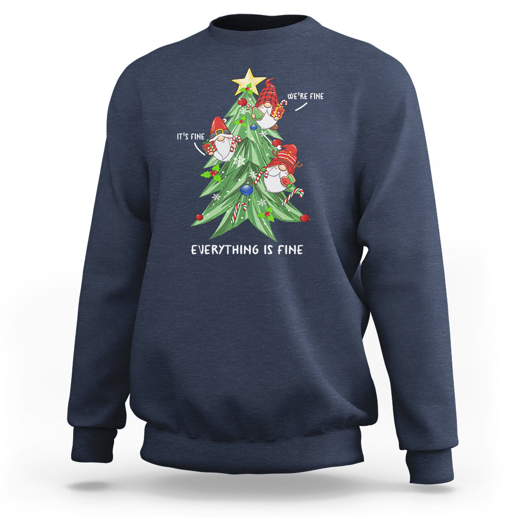 Navy crewneck sweatshirt with Christmas tree and gnome graphic, “Everything is Fine” text