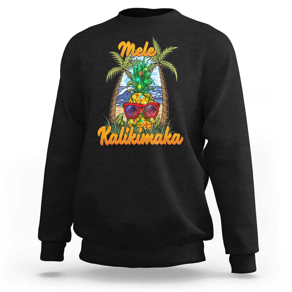 Black crewneck sweatshirt with colorful pineapple and palm tree graphic, Mele Kalikimaka