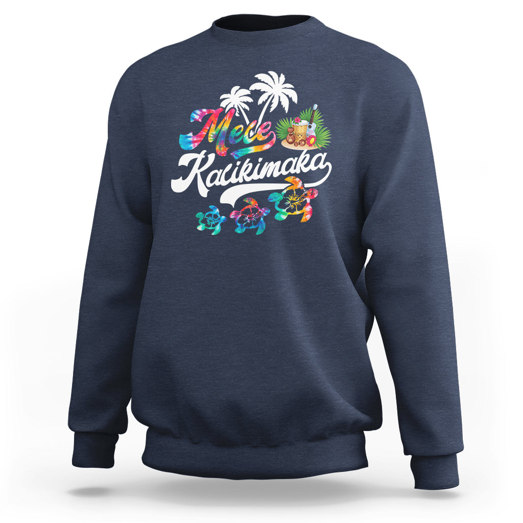 Navy Christmas sweatshirt with Mele Kalikimaka graphic of turtles and palms