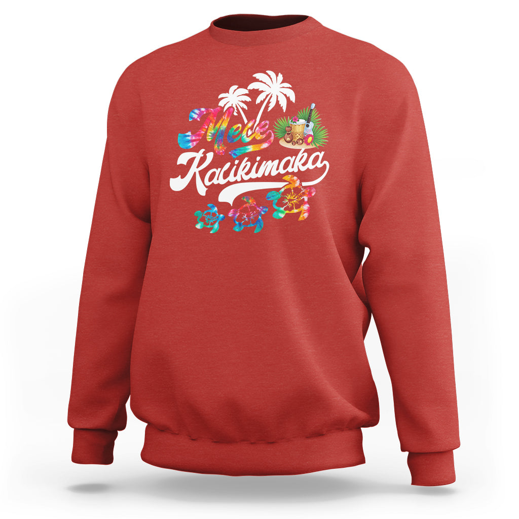 Red Christmas sweatshirt with Mele Kalikimaka graphic of turtles and palms