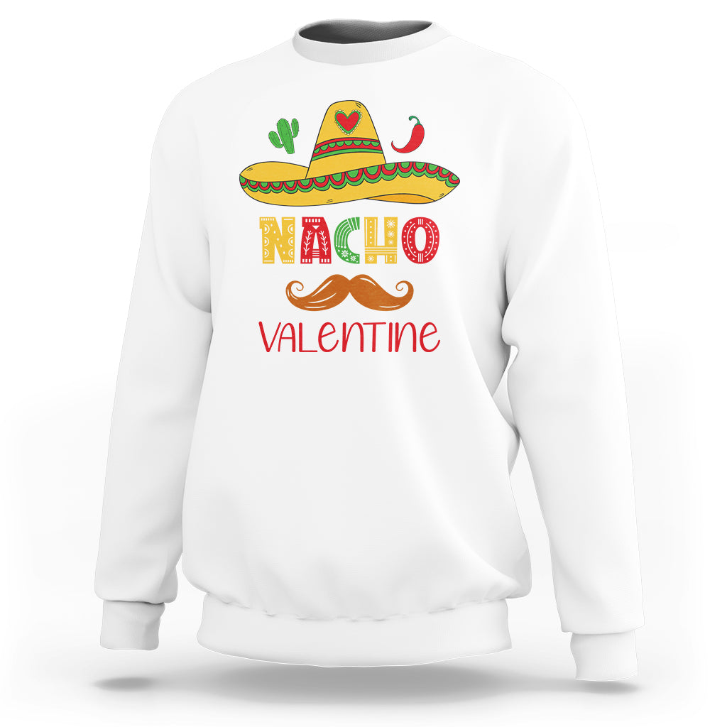 White crewneck sweatshirt with colorful nacho Valentine graphic on chest
