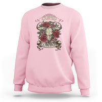 Light pink sweatshirt with front cowboy Cupid graphic and ribbed crew neck cuffs