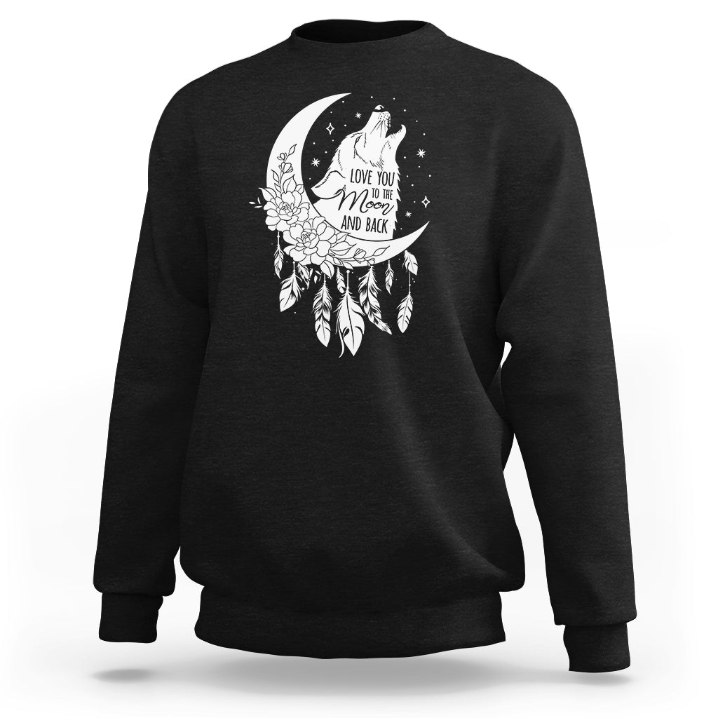 Black crewneck sweatshirt with white moon-and-wolf graphic on the chest