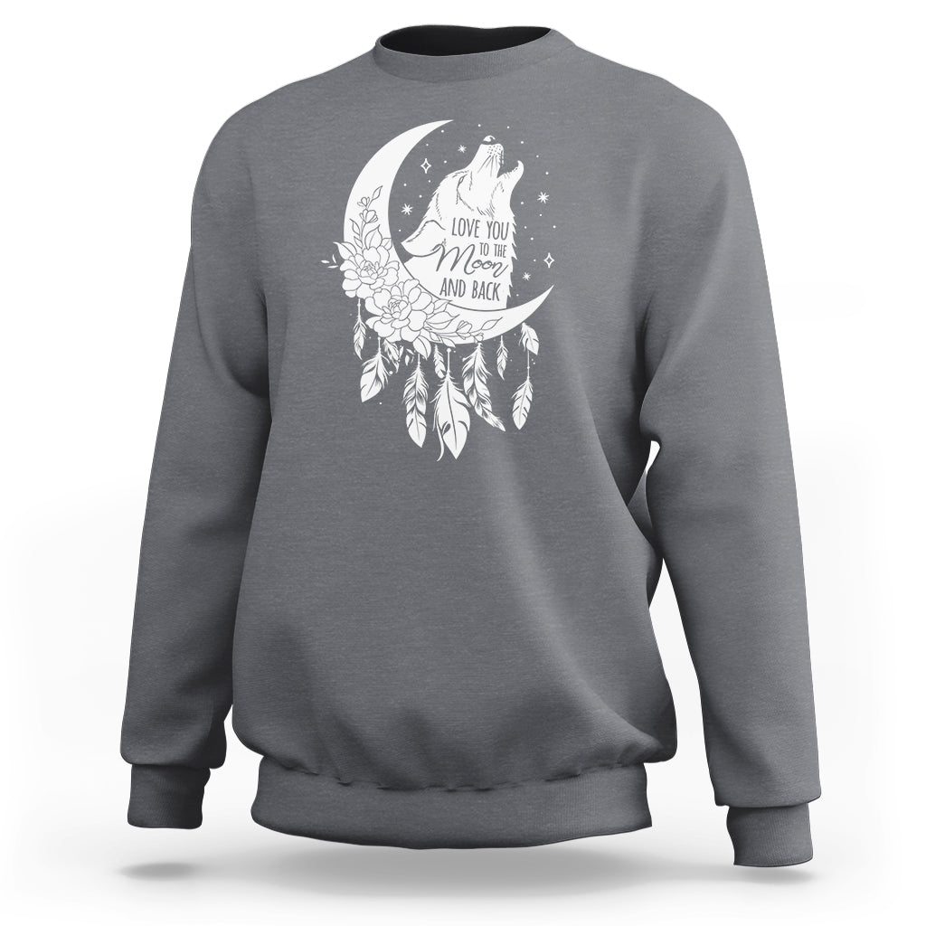 Charcoal gray crewneck sweatshirt with white moon-and-wolf graphic and feathered dreamcatcher