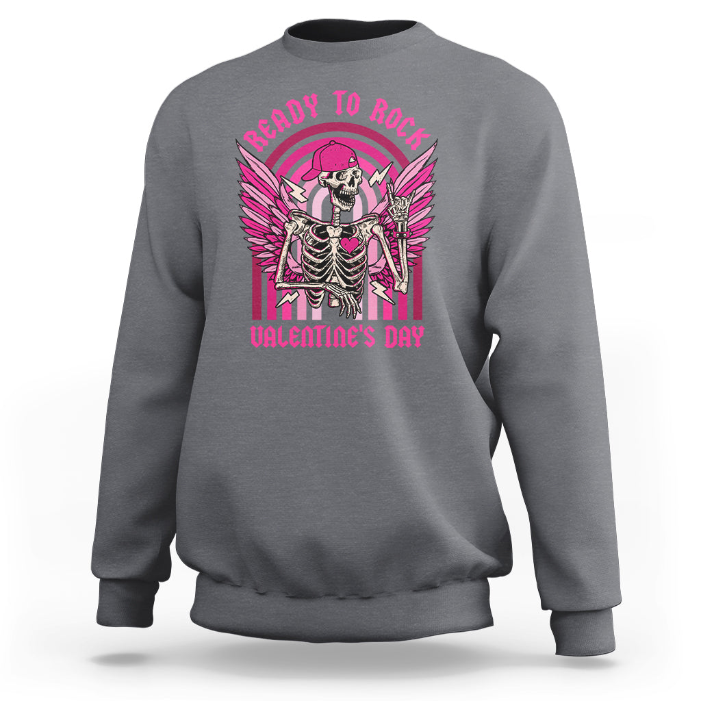 Charcoal gray sweatshirt with skeleton rocker graphic and pink 'Valentine's Day' text