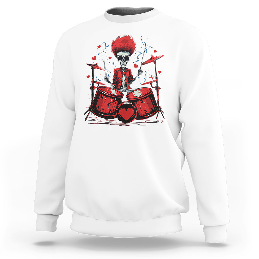 White sweatshirt with skeleton drummer graphic and red drum set artwork on front