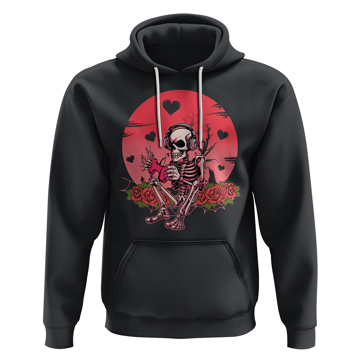 Black pullover hoodie with front skeleton gamer graphic, red heart and rose design