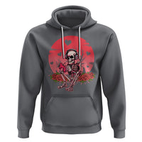 Charcoal pullover hoodie with skeleton gamer graphic, red heart and rose artwork