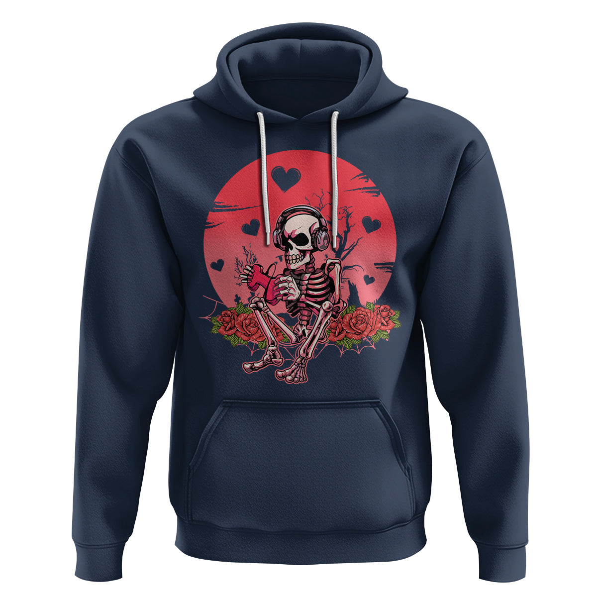 Navy pullover hoodie with skeleton gamer graphic, red heart and roses on chest