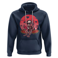Navy pullover hoodie with skeleton gamer graphic, red heart and roses on chest
