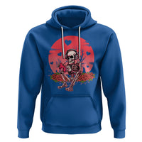 Royal blue pullover hoodie with skeleton gamer graphic, red heart and rose artwork