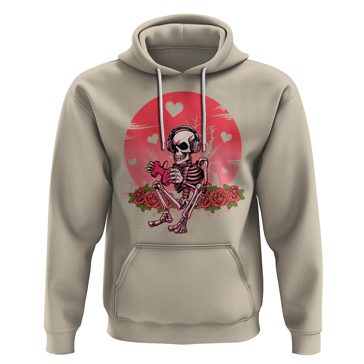 Sand pullover hoodie with skeleton gamer graphic, red heart and rose artwork