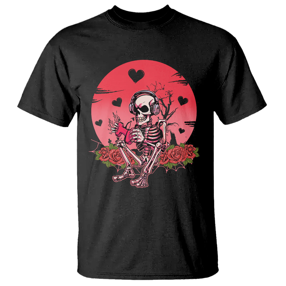 Black skeleton gamer graphic T-shirt with red heart burst and floral accents