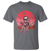 Charcoal gray skeleton gamer graphic T-shirt with red heart burst and floral accents