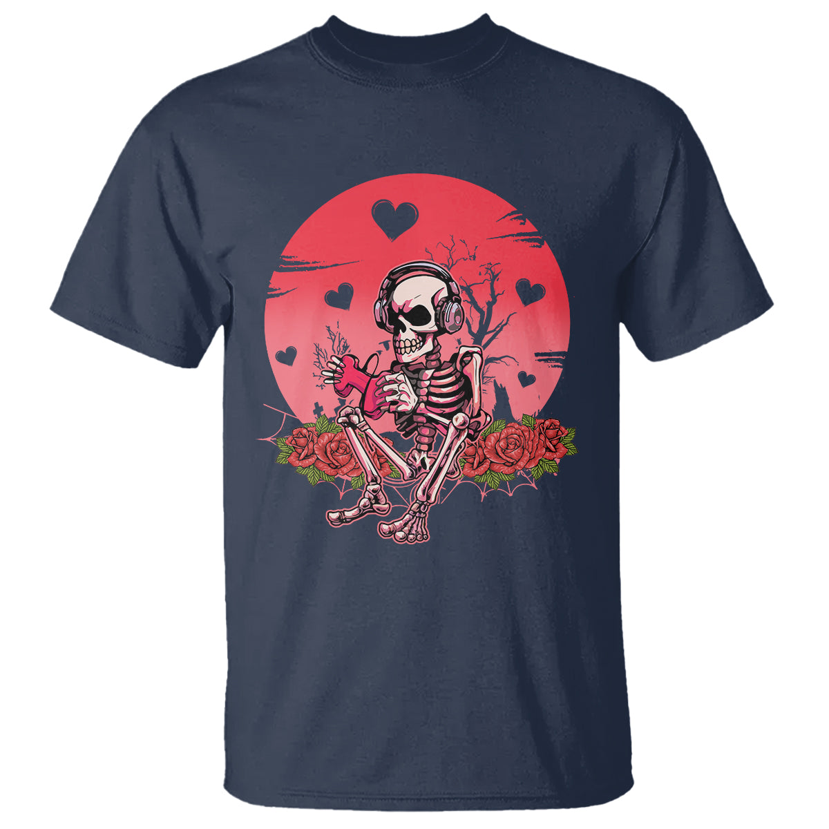 Navy skeleton gamer graphic T-shirt with red heart burst and floral accents