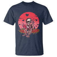 Navy skeleton gamer graphic T-shirt with red heart burst and floral accents
