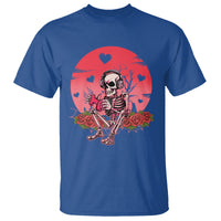 Royal blue skeleton gamer graphic T-shirt with red heart burst and floral accents