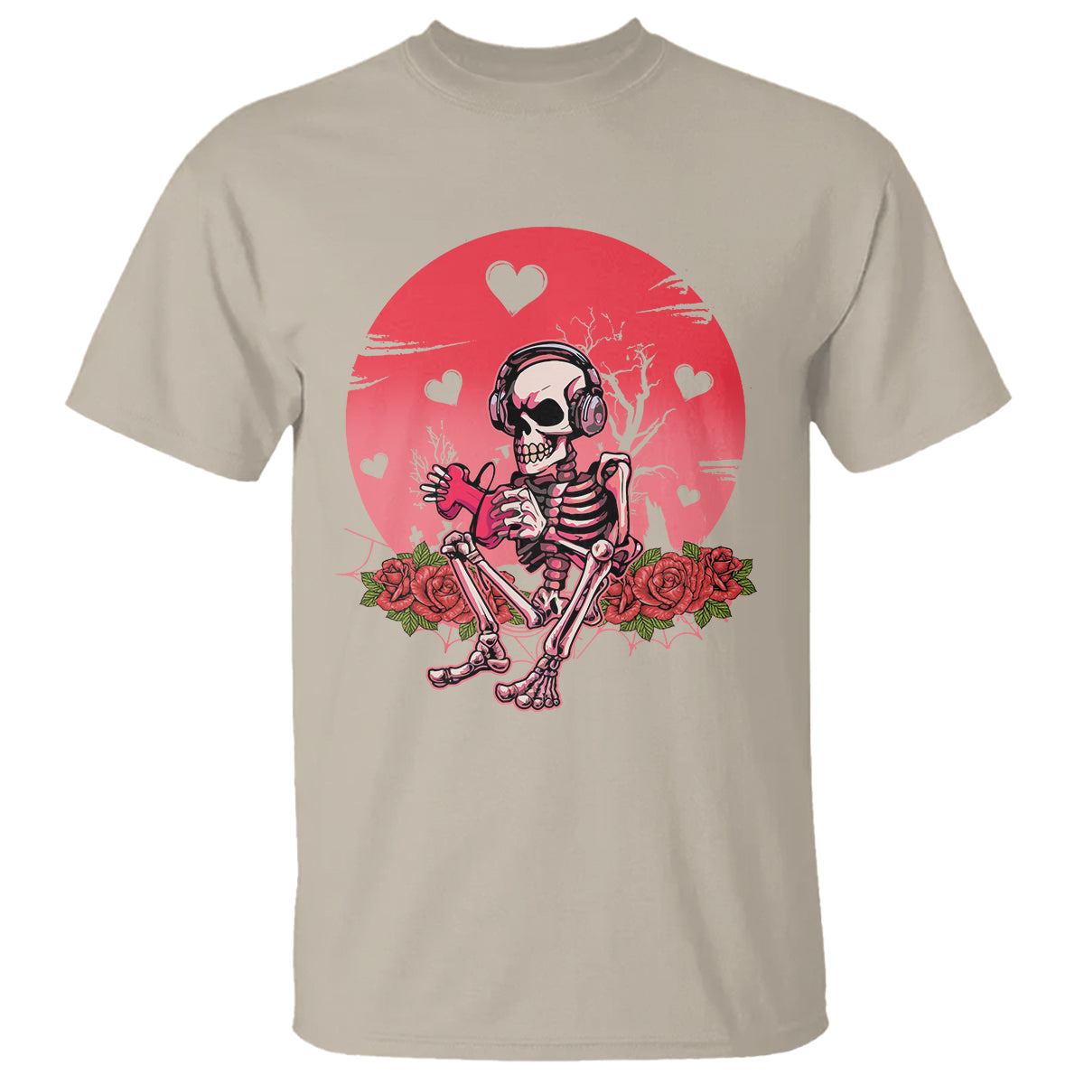 Sand skeleton gamer graphic T-shirt with red heart burst and floral accents