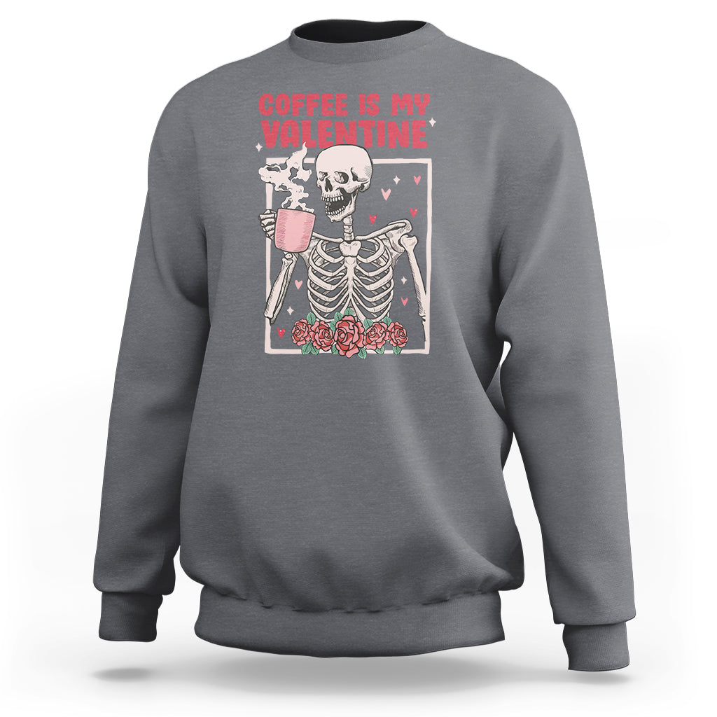 Charcoal gray crewneck sweatshirt with skeleton holding coffee and Valentine hearts graphic