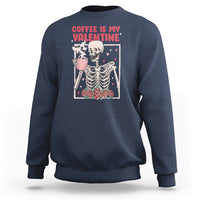 Navy crewneck sweatshirt with skeleton holding coffee and Valentine hearts graphic