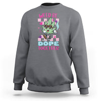 Charcoal gray crewneck sweatshirt with colorful “WEED BE DOPE TOGETHER” cannabis graphic