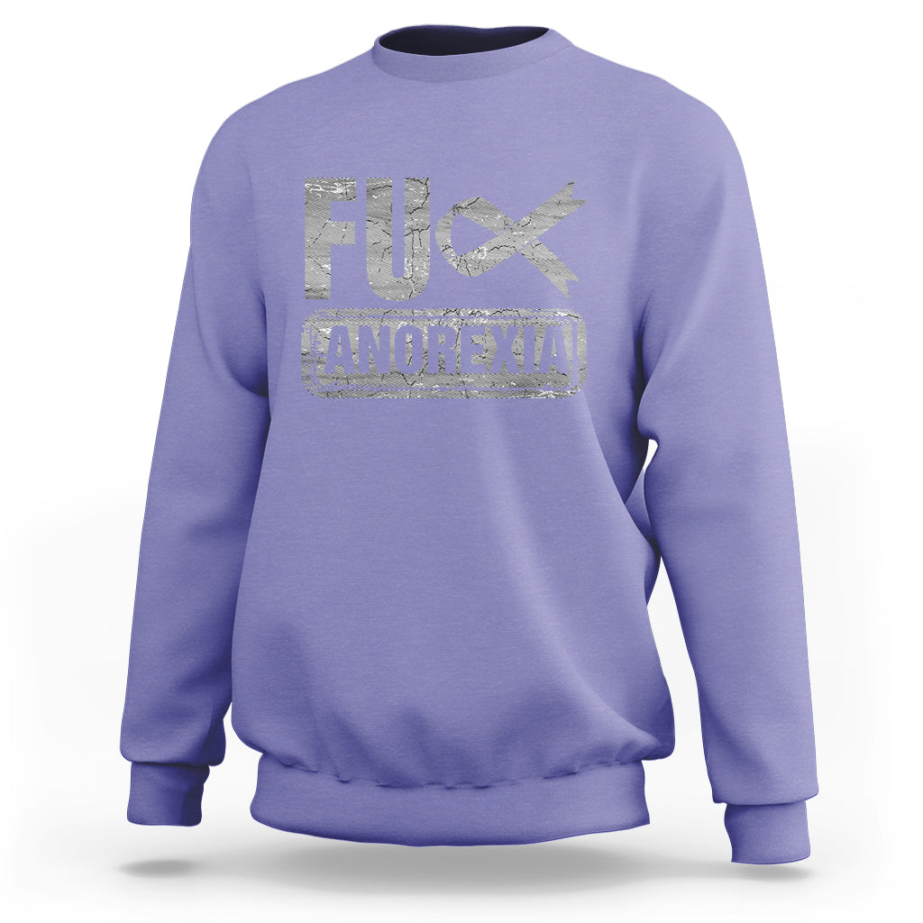 Violet crewneck sweatshirt with distressed “FU ANOREXIA” graphic on the chest